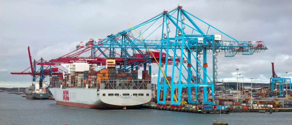 Container ship berthed alongside ship-to-shore gantry cranes