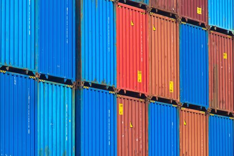 Stacked shipping containers at a port terminal